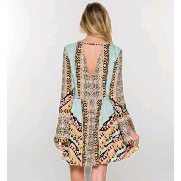 Free People Tegan Border Boho Mini Dress Floral Tunic Flowy Fairy Pockets Blue 4 - Picture 2 of 16
